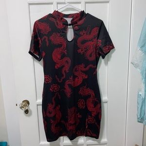 black and red dragon qipao chinese dress bodycon slit